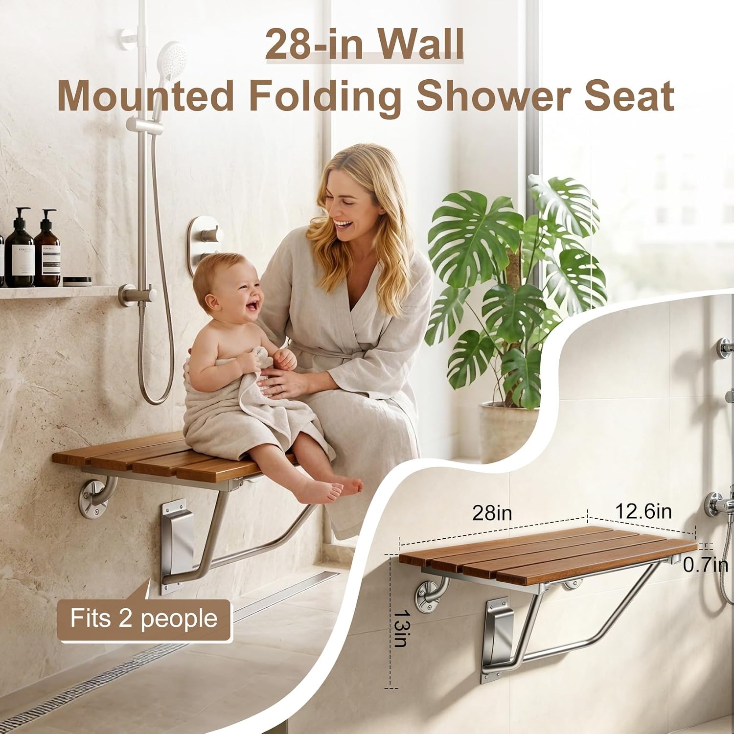 28'' Folding Shower Seat Wall Mounted, Folding Shower Bench with Stainless Steel Bracket, 500lb Load Capacity, for Elderly, Pregnant Women, Kids, Disabled