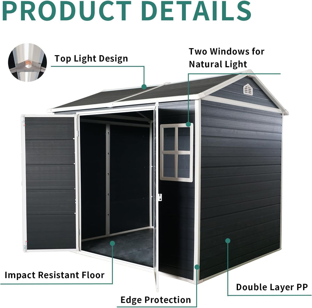KUIKUI Outdoor Shed with Floor Included, Plastic Storage Sheds with Floor, 4x8 shed with 2 Windows and Lockable Door for Garden Tools, Carbon Black
