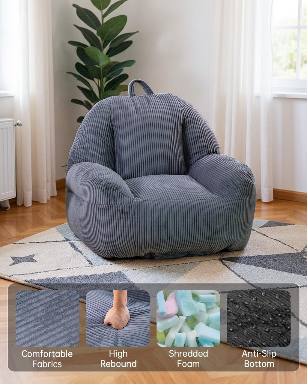 Lamerge Ergonomic Bean Bag Chair for Adults, Faux Fur Fluffy Sofa Chair with High-Density Memory Foam, Grey Comfy Bean Bag Couch for Reading, Gaming (38' Bean Bag Chair)