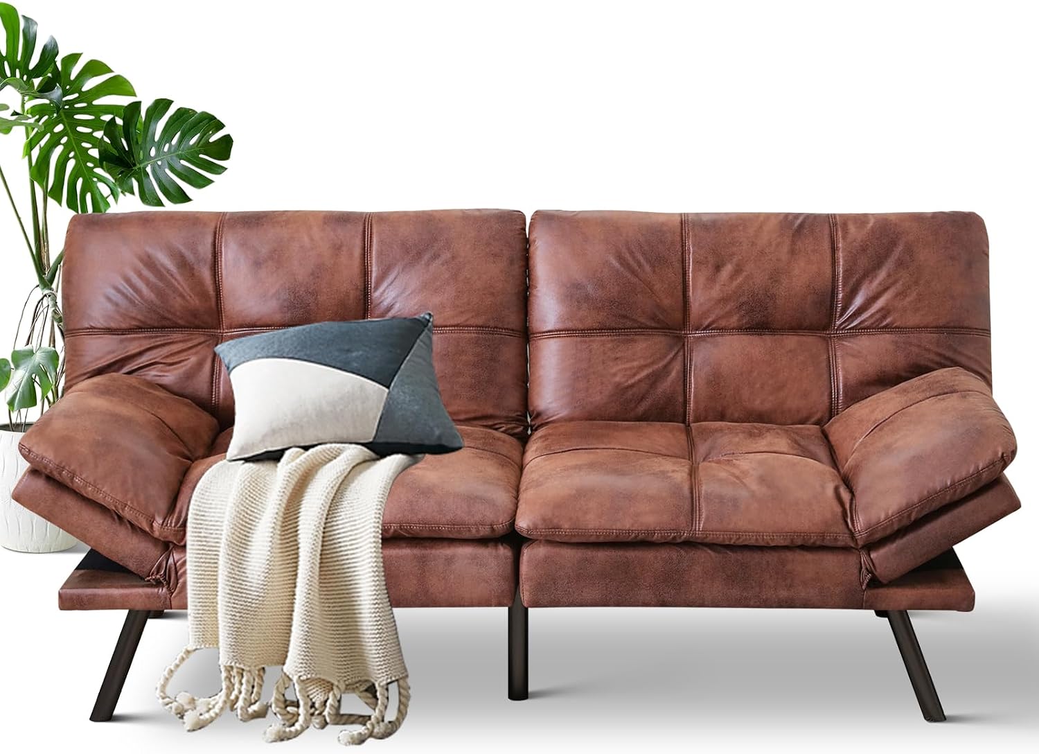 MUUEGM Futon Sofa Bed Cognac Memory Foam Small Loveseat Sleeper Sofa with Adjustable Backrest Removable Armrests for Small Space Office Couch,Living Room,Apartment