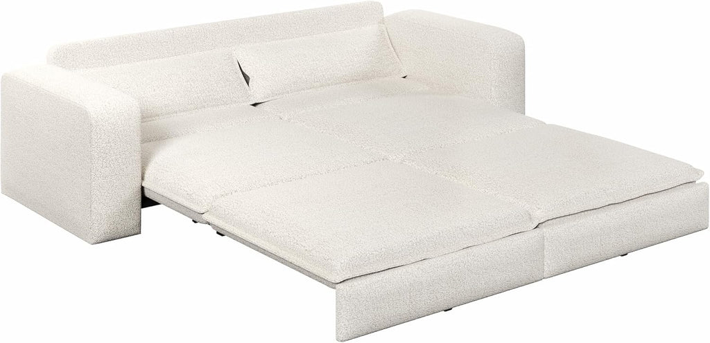 93' King Pull Out Sofa Bed, Teddy Sleeper Sofa Couch, Modern Wide Armrest, 3 in 1 Convertible Futon Couches for Living Room, Small Space, Apartment, Bedroom, Office, Beige