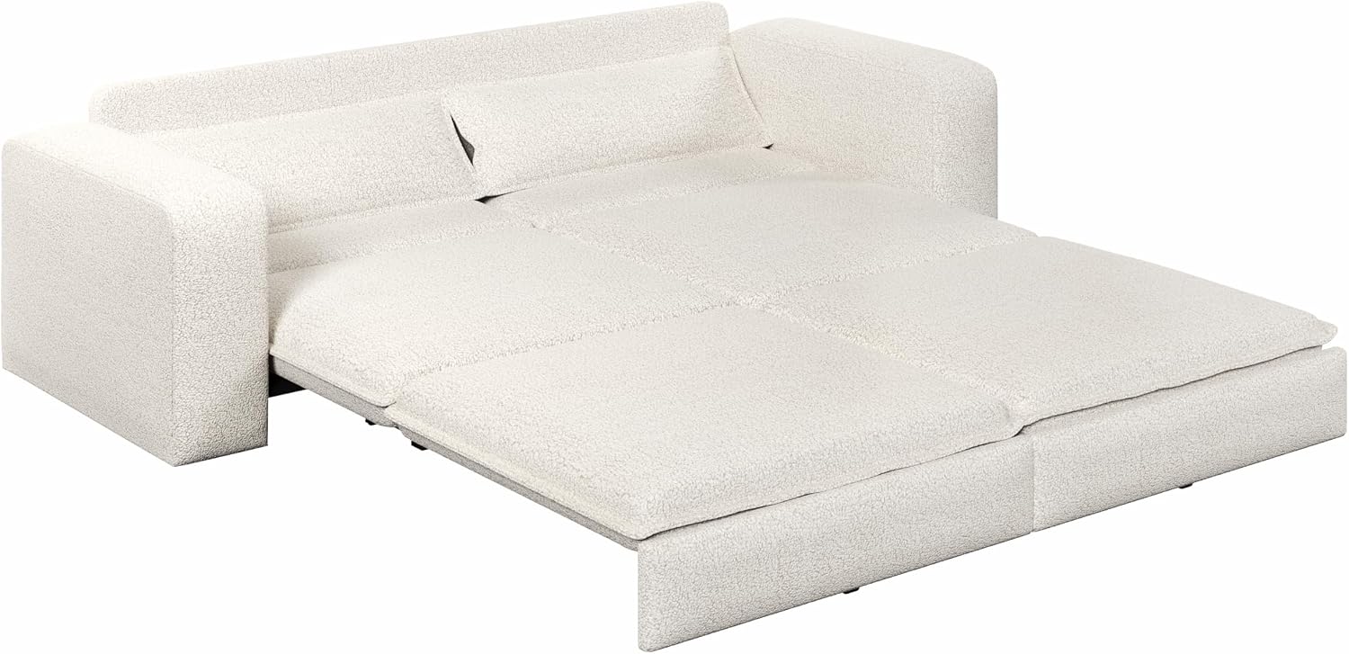 93' King Pull Out Sofa Bed, Teddy Sleeper Sofa Couch, Modern Wide Armrest, 3 in 1 Convertible Futon Couches for Living Room, Small Space, Apartment, Bedroom, Office, Beige