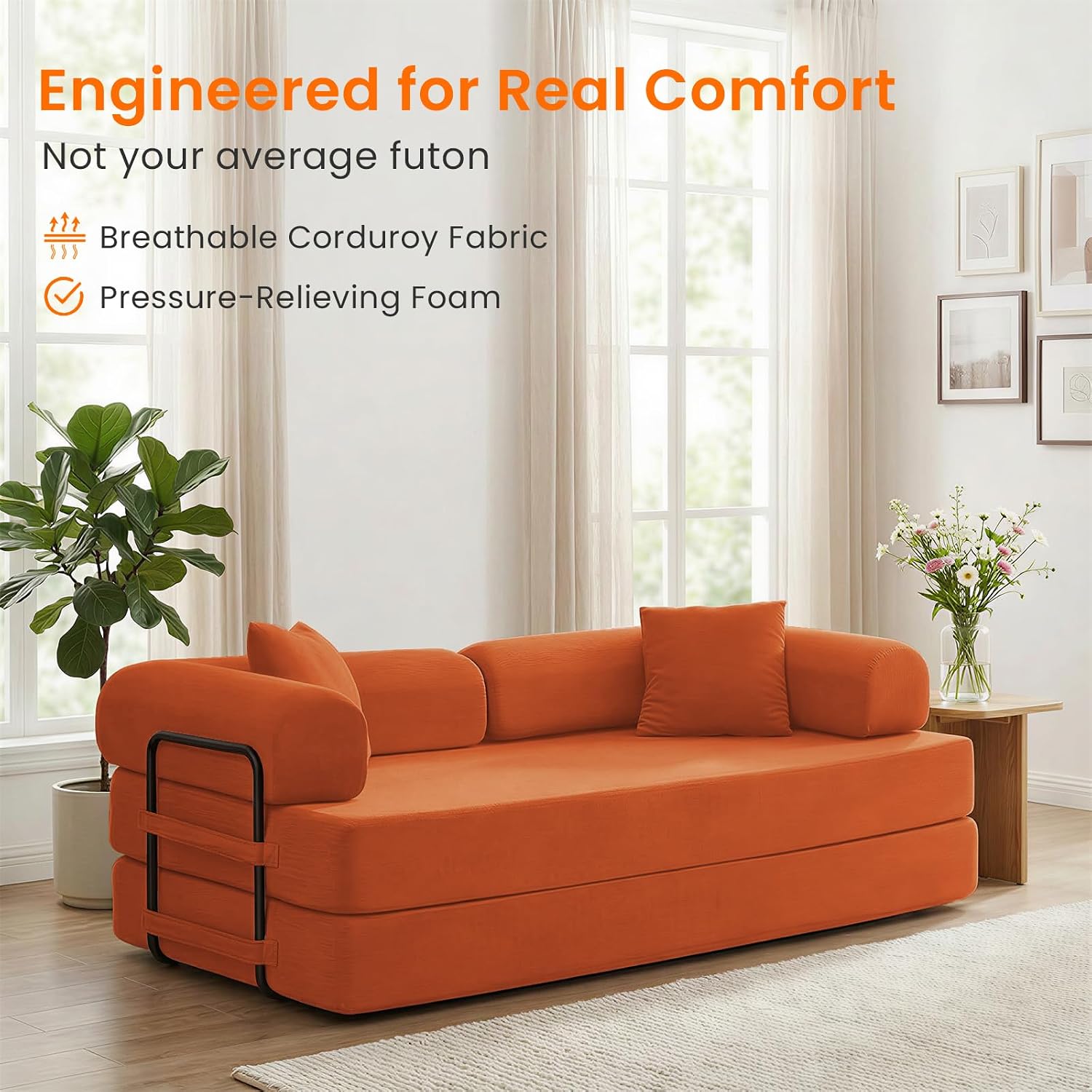 ijuicy 4-in-1 King Convertible Floor Sofa Bed w/ 2 Pillow,Modular Sleeper Sofa/Folding Futon Couch Bed w/Cylindrical Backrest and Fixed Frame,Lounge Couch,Corduroy Compression Sofas for Home-Orange