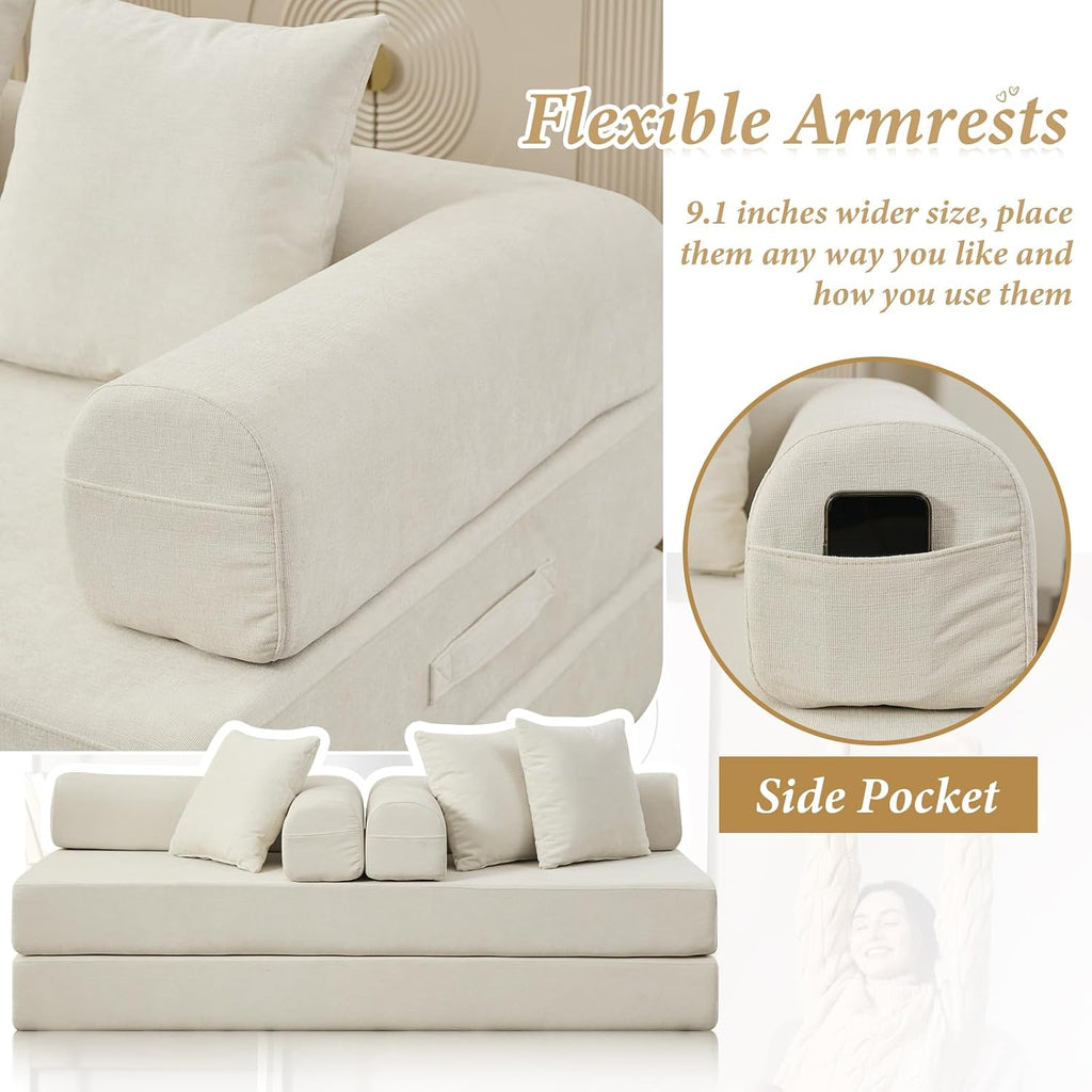 Futon Sofa Bed, Modular Convertible Folding 3 Seater Chenille Foam Floor Loveseat Sleeper Sofa Couch with 3 Pillows, No Assembly Compressed Boneless Couch, for Living Room Bedroom Guest Room, Beige