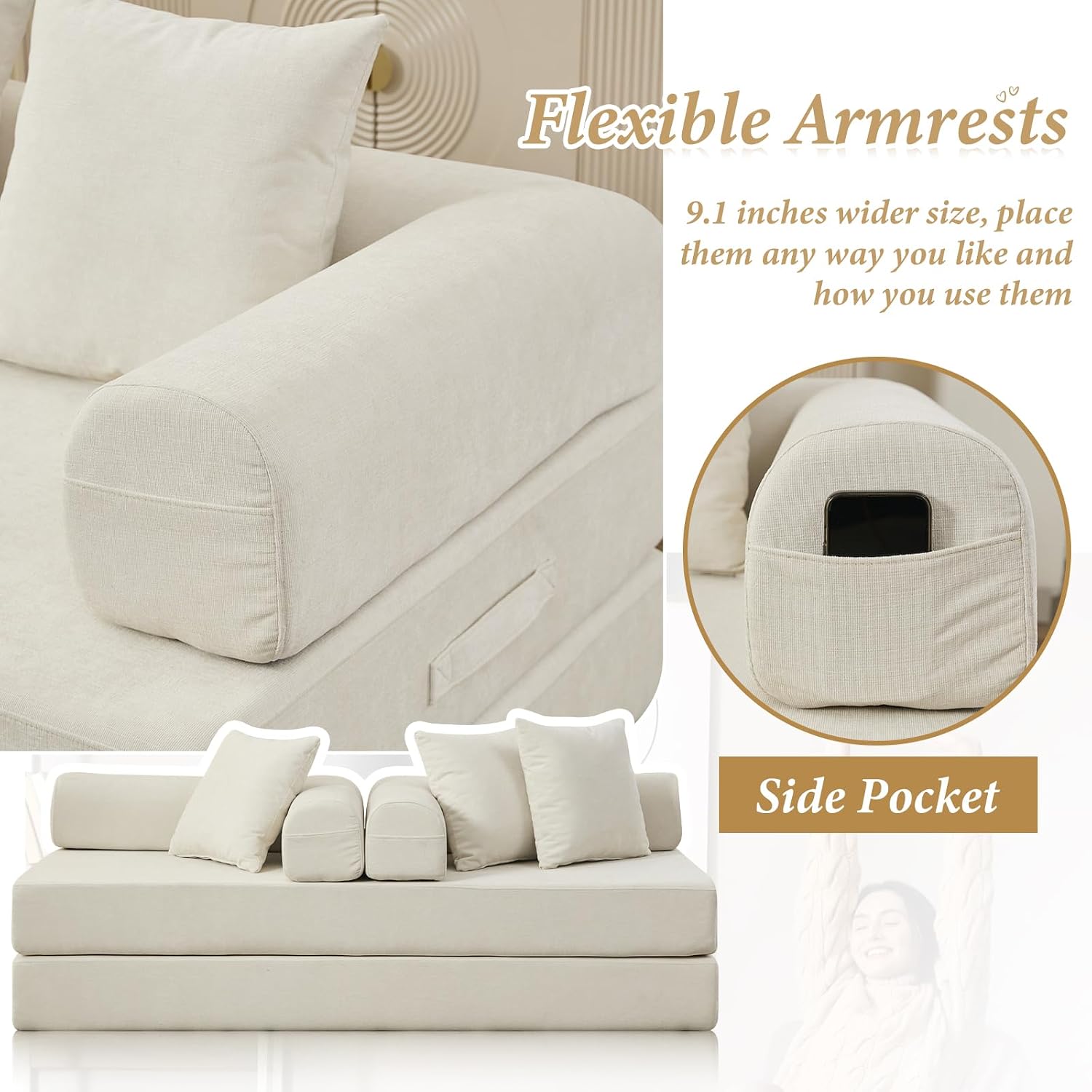 Futon Sofa Bed, Modular Convertible Folding 3 Seater Chenille Foam Floor Loveseat Sleeper Sofa Couch with 3 Pillows, No Assembly Compressed Boneless Couch, for Living Room Bedroom Guest Room, Beige