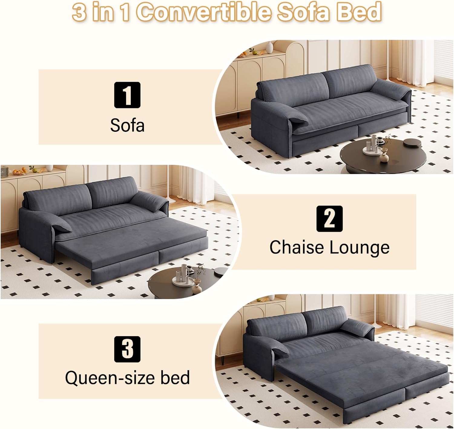 3 in 1 Convertible Queen Sleeper Sofa Bed Comfy Pull Out Futon Couch Bed 66' Modern Velvet Recliner Loveseat Sofa Multi-Functional Grey Cloud Couch for Living Room,Apartment,Office (Grey 66')