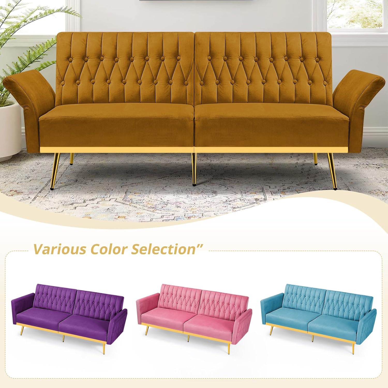 2 Pieces Velvet Sofa Set with Adjustable Armrest and Backrest, 70' Convertible Futon Sofa Bed & Mordern Accent Chair with Ottoman for Living Room, Bedroom, Ginger