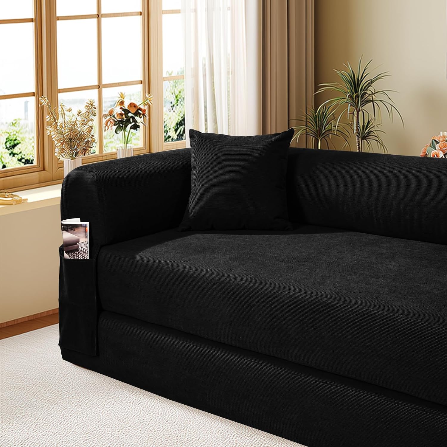 Convertible Futon Sofa Bed,80' Folding Pull Out Couch with Pillows & Storage Pocket (Black, Corduroy-35.5'W)