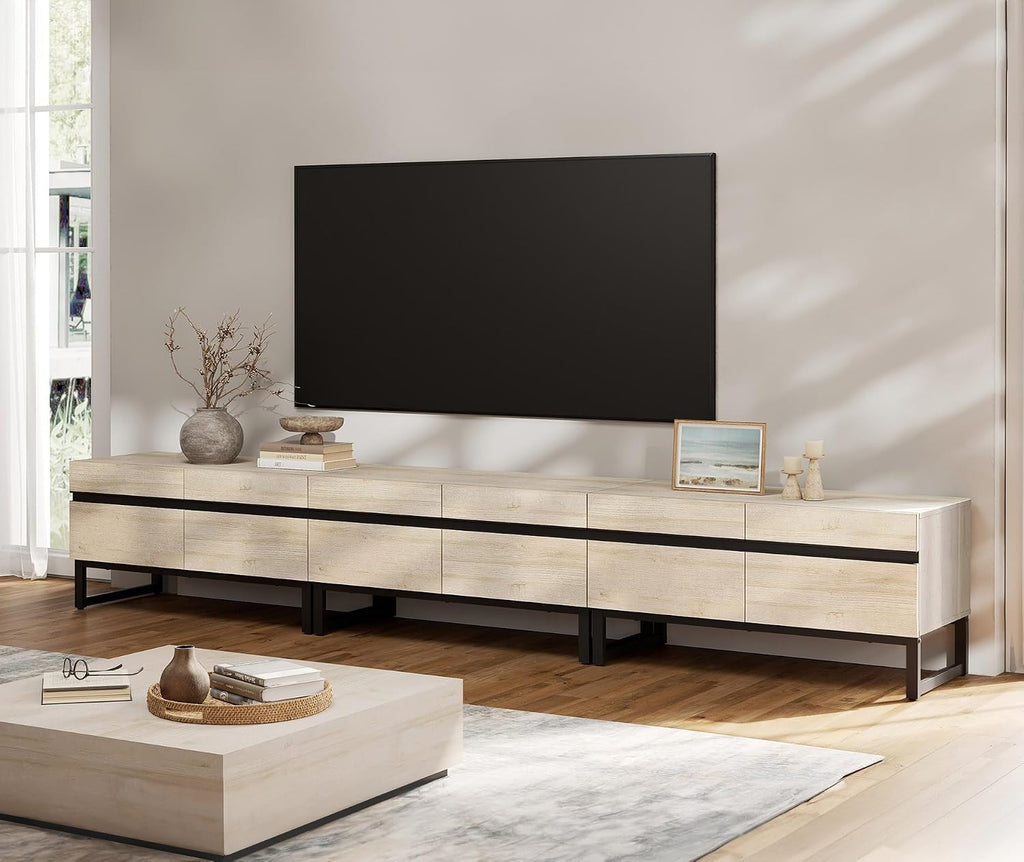 WAMPAT Modern TV Stand for 32-110 Inch TVs, Wood Entertainment Center with Metal Base Storage Cabinets, Media TV Console for Living Room, Light Oak, 3Pcs