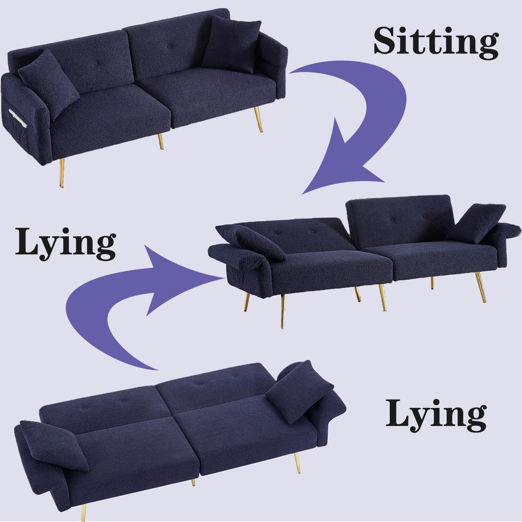 69.5' Convertible Futon Sofa Bed with Adjustable Backrest and Armrests, Teddy Upholstered Loveseat Sleeper Couch with 2 Pillows and Metal Legs Love Seat for Guest Room Living Room (Dark Blue)
