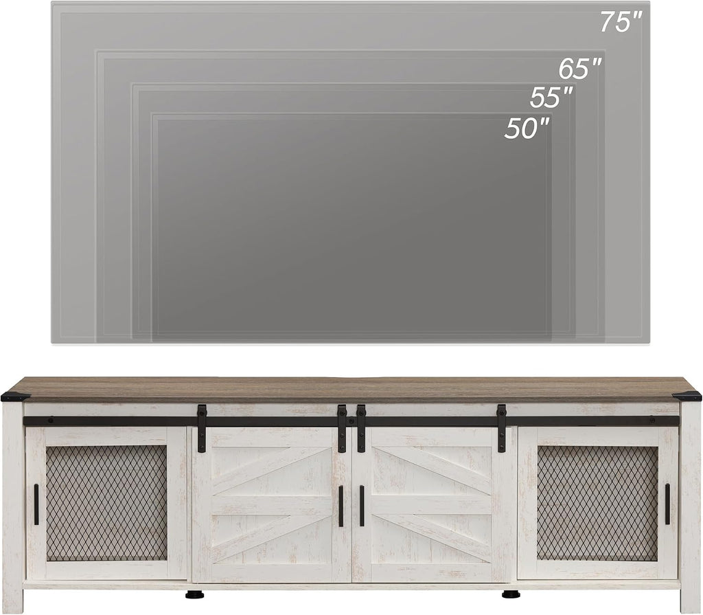 WAMPAT Farmhouse TV Stand for ups to 75 inch TV, Wooden Entertainment Center with Mesh Barn Doors, Media Console with Storage Shelf for Living Room Bedroom, Rustic Oak and White