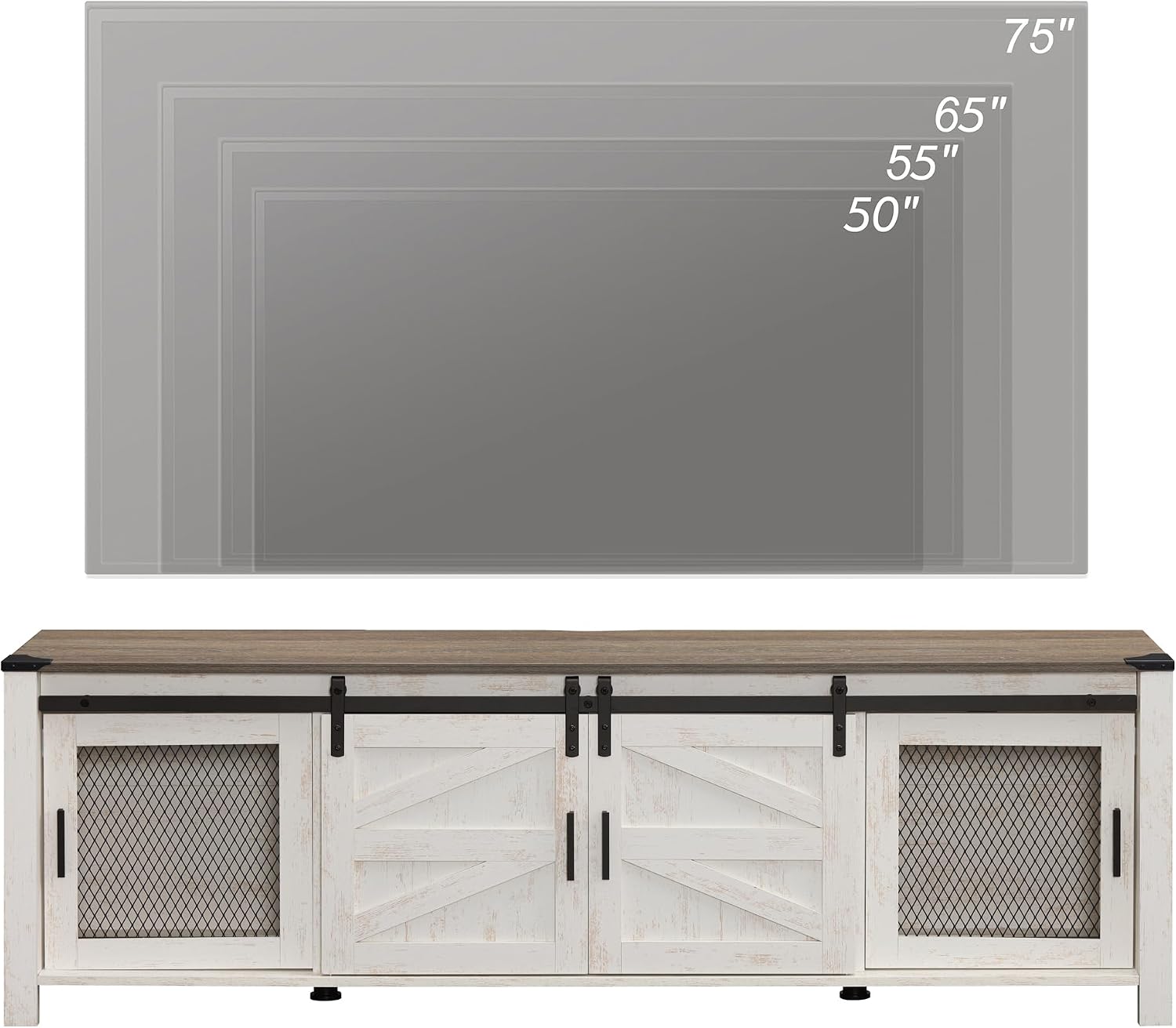WAMPAT Farmhouse TV Stand for ups to 75 inch TV, Wooden Entertainment Center with Mesh Barn Doors, Media Console with Storage Shelf for Living Room Bedroom, Rustic Oak and White