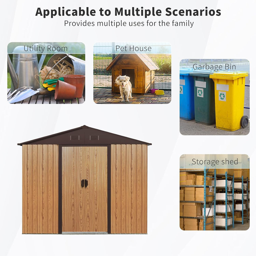 89in*47in Heavy-Duty Outdoor Metal Storage Shed with Floor Foundation & Window - Galvanized Steel Tool Shed, Tiny Home Backyard Solution w/Lock, Shelves & Anchors,Coffee