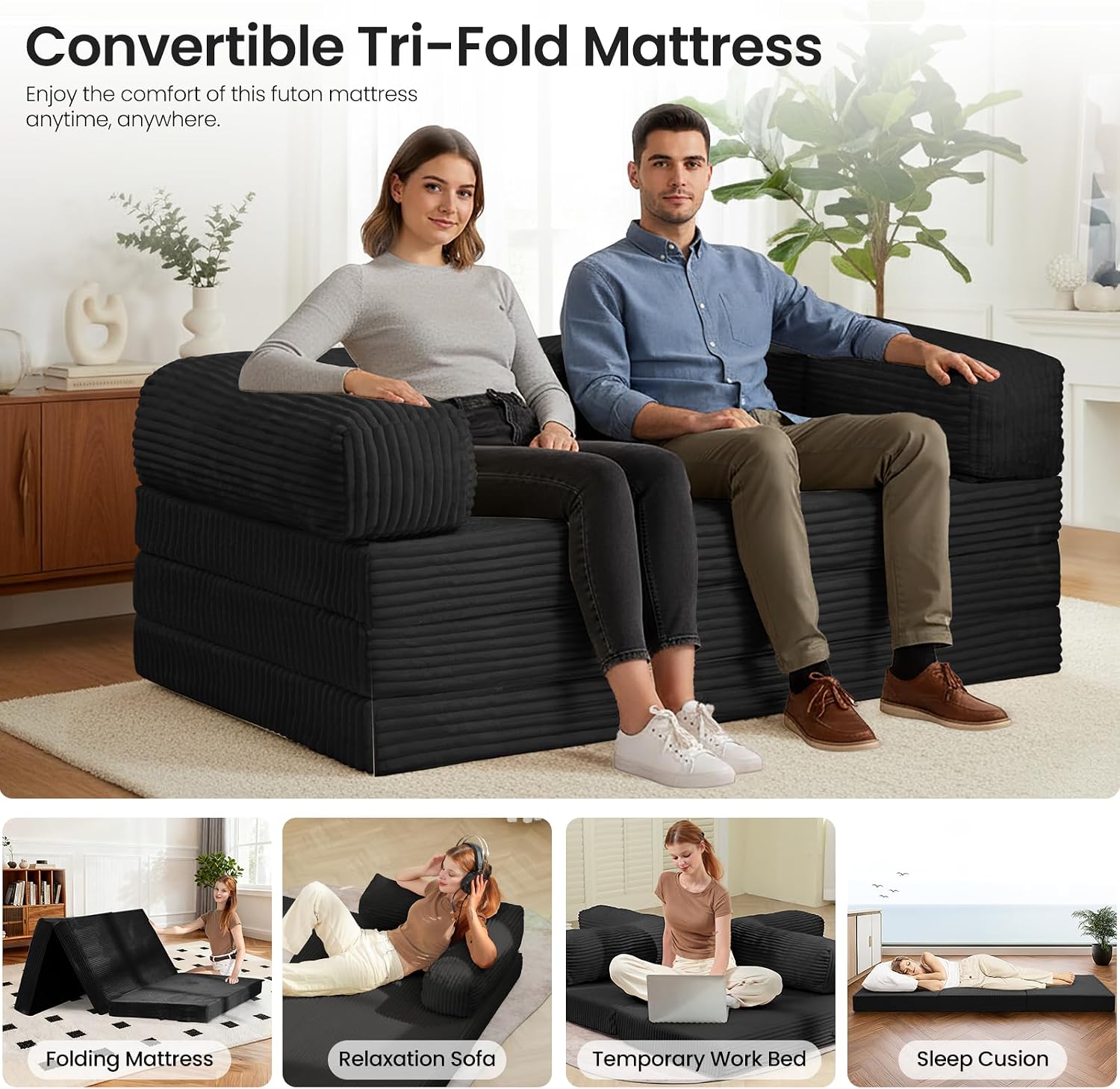 Tri-Fold Foldable Mattress, Convertible Folding Sofa Bed with Removable Arms & Washable Cover, All-in-One Portable Mattress Floor Sofa Bed, No Assembly Required & Non-Slip, Full Size, Black