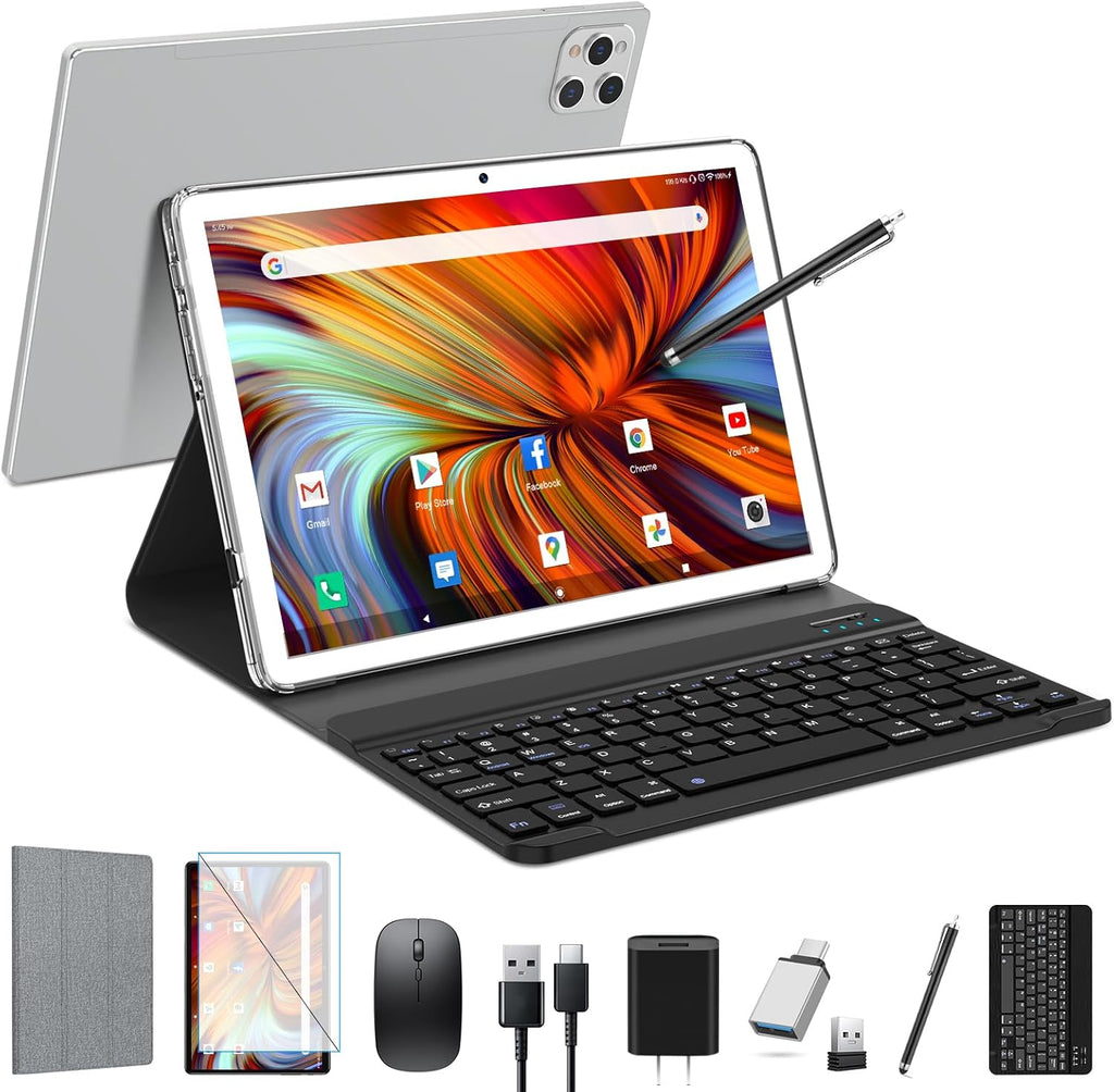 EITOMIN Tablet 10 inch 2026 Latest Android Tablet 128GB ROM+16GB RAM+1TB Expandable Octa-Core 5G WiFi 1080FHD/13MPCamera/7000mAh/Bluetooth 5.0/GPS/Tab with Keyboard/OTG/Mouse/Pen Silver