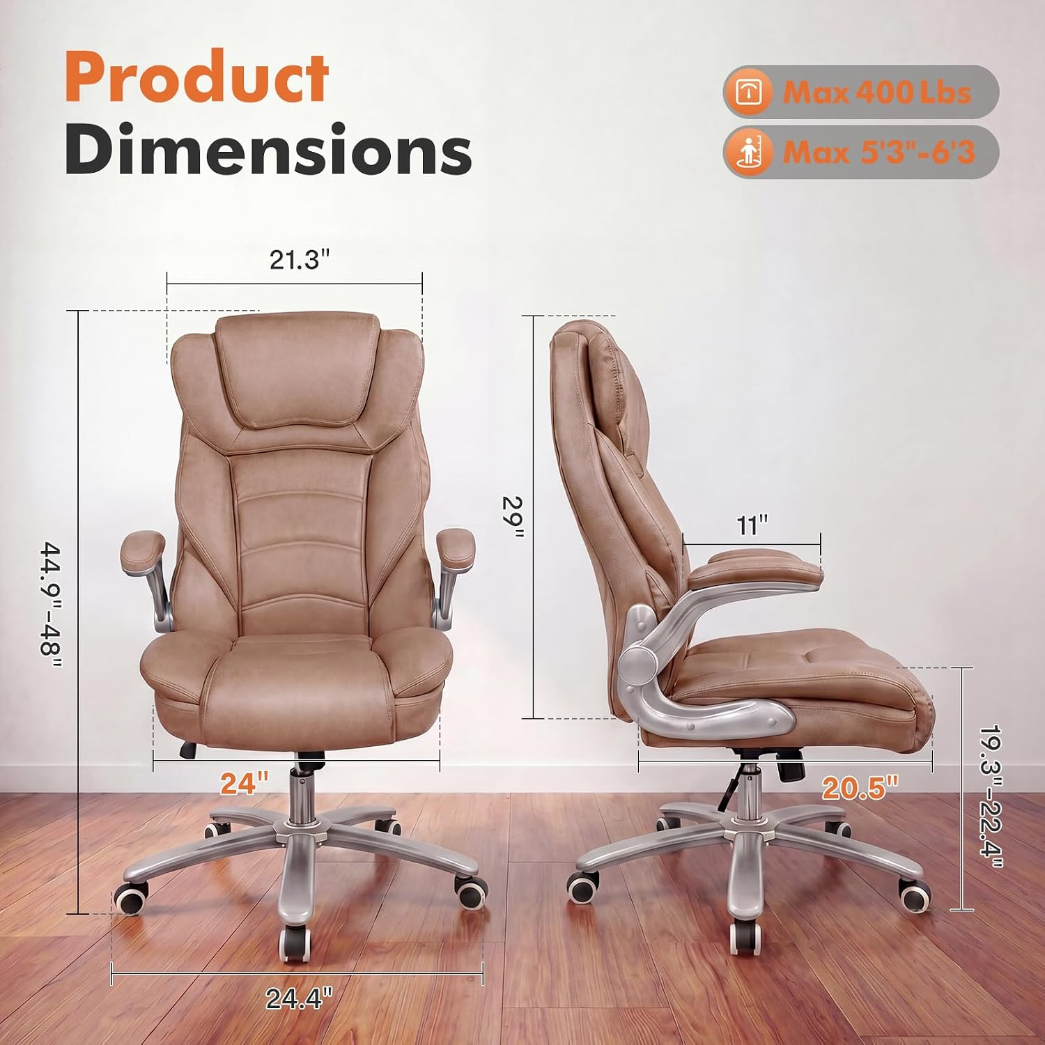 GYI Big and Tall Office Chair 400lb Wide Seat, Ergonomic High Back Leather Executive Desk Chair with Flip-up Arms, Brown