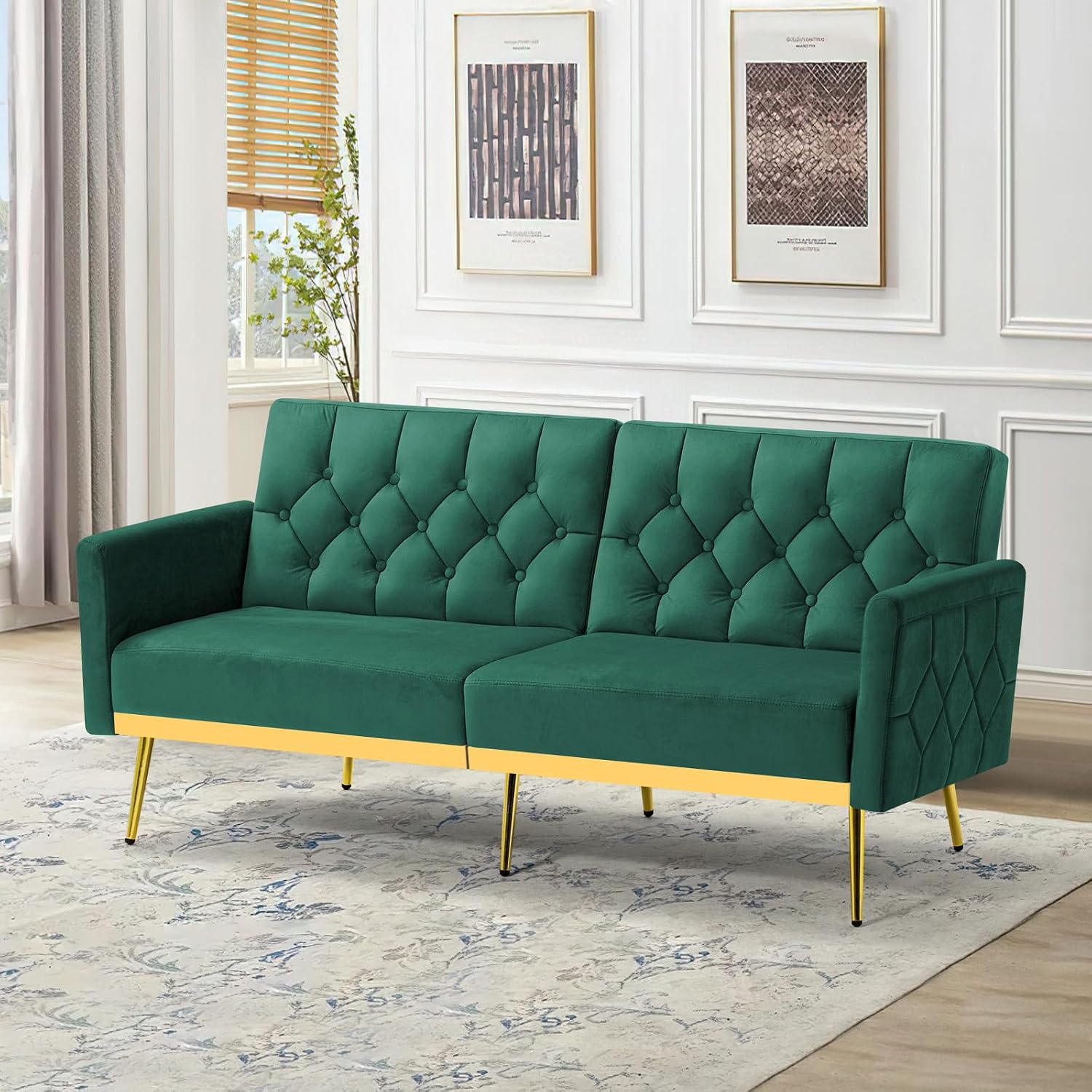 Velvet Futon Sofa Bed w/Adjustable Armrests & Backrests, Button Tufted Sleeper Couch, Modern Convertible Loveseat Sofa for Bedroom, Living Room, Apartment, Green