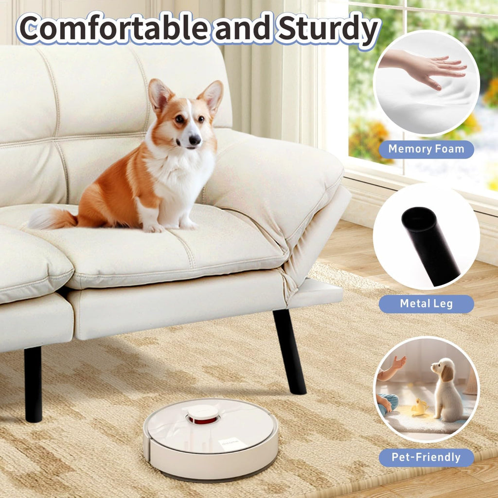 MUUEGM Futon Sofa Bed Memory Foam White Futons Modern Office Couch Sleeper Bed Convertible Love seat Sofa for Small Spaces,Apartment,Office with Adjustable Armrest Backrest