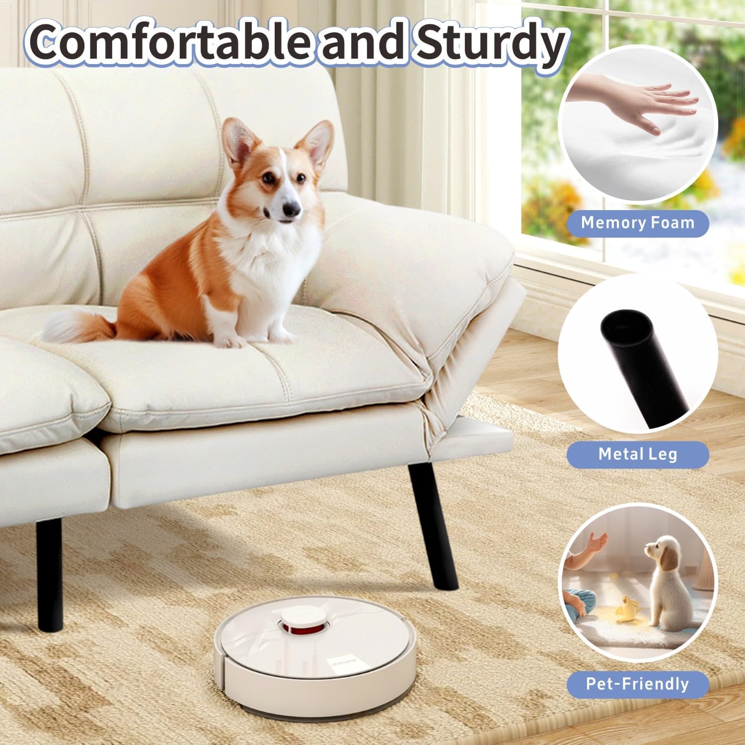 MUUEGM Futon Sofa Bed Memory Foam White Futons Modern Office Couch Sleeper Bed Convertible Love seat Sofa for Small Spaces,Apartment,Office with Adjustable Armrest Backrest