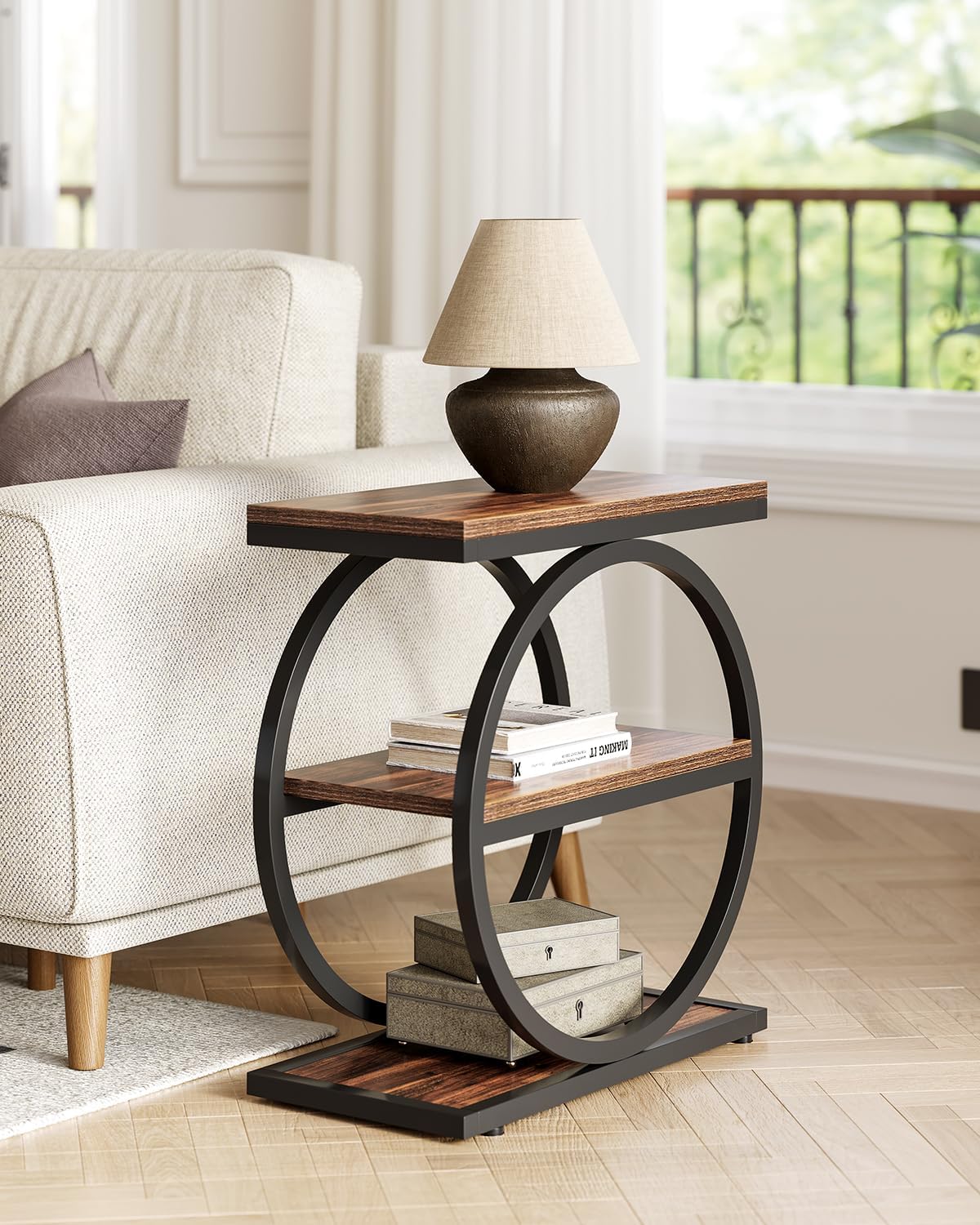 LITTLE TREE End Table Set 2, Side Table with 3 Tiers Shelves, Slim Sofa Side Table for Living Room, Tall Bedside Table Nightstand for Bedroom, Rustic Brown and Black