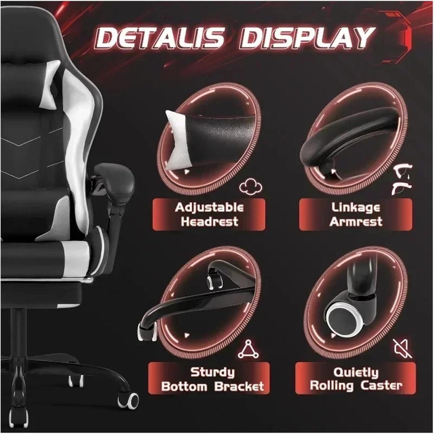 Leather Gaming Chair Massage Ergonomic Gamer Chair Height Adjustable Computer Chair with Footrest & Lumbar Support