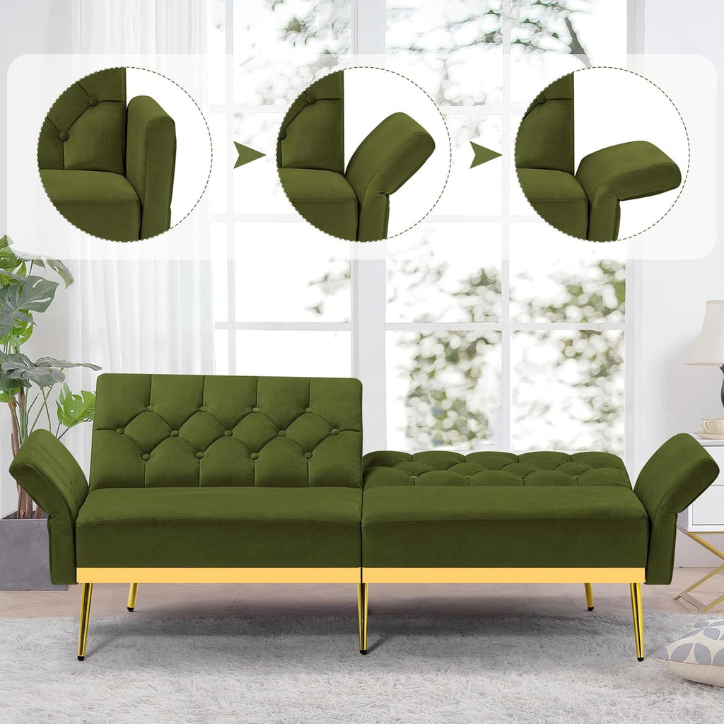 Velvet Sofa Bed w/Adjustable Armrests and Backrests, Modern Convertible Sleeper Sofa, Tufted Futon Sofa for Bedroom, Living Room, Apartment, Olive Green