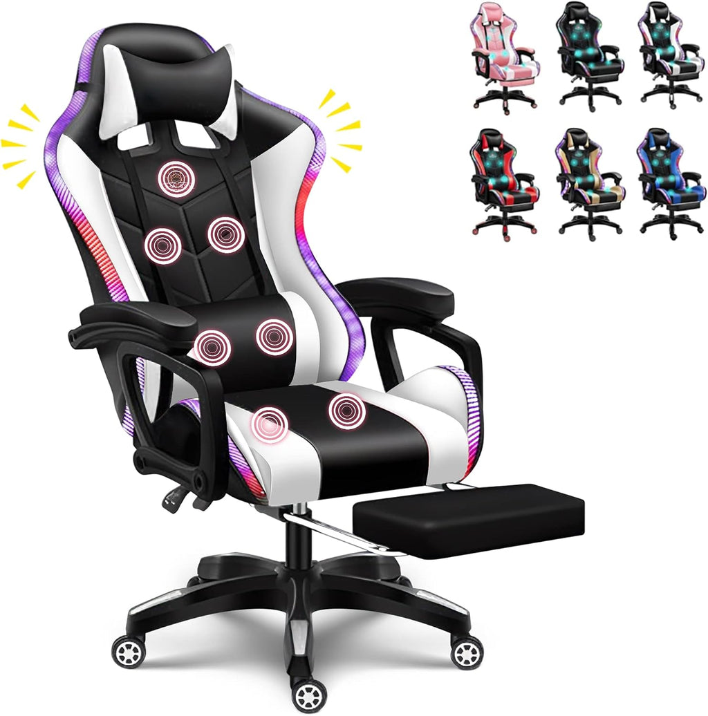 LED Gaming Chair Computer Gaming Chair with Bluetooth Speakers and RGB Lights Full Massager Gamer Chair Swivel Recliner Ergonomic Lumbar Support Video Game Chair for Adults Teens,White