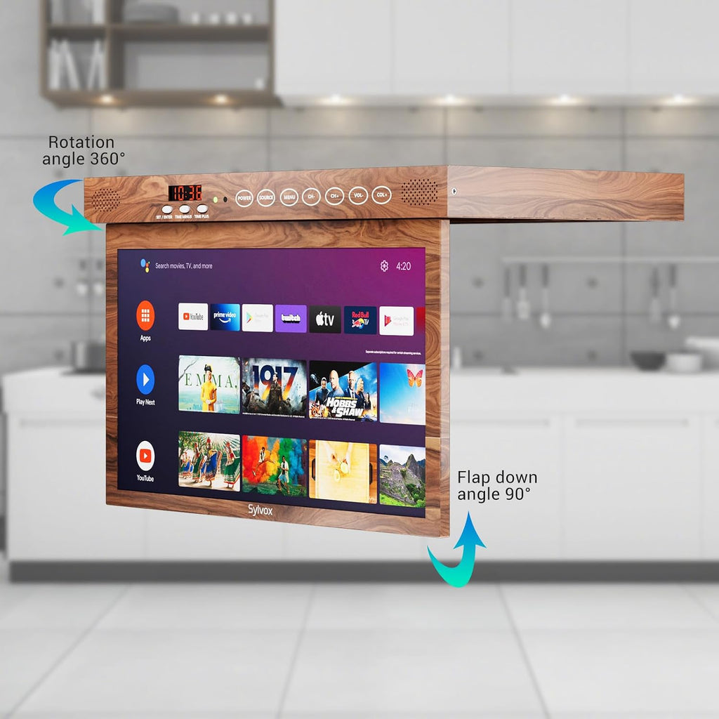 SYLVOX 15.6' Under Cabinet Smart TV – 360° Rotation, 90° Flip-Down Screen, Wireless Connectivity, Space-Saving Design for Kitchen, Bedroom, or RV. (Wood Grain Color)
