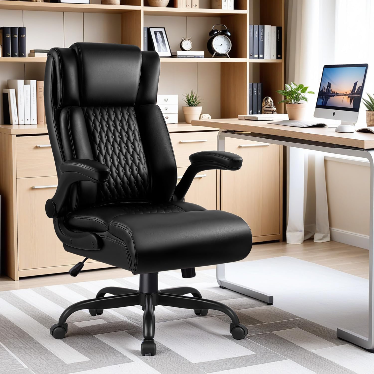 Office Chair, Big and Tall 400LBS Heavy Duty Executive Office Desk Chair with Flip-up Armrest, Ergonomic Swivel High Back Office Chairs with Lumbar Support, PU Leather (Black)