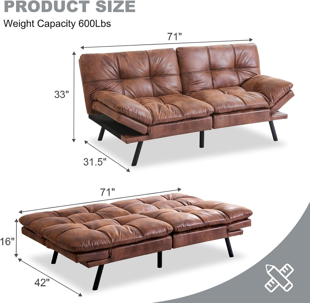 Futon Sofa Bed Convertible Couch,Memory Foam Futon Sofa Couch,Sleeper Futons Sofa Couches,Small Splitback Modern Loveseat Sofa Bed for Living Room,Office,Apartment,Faux Leather,Brown.