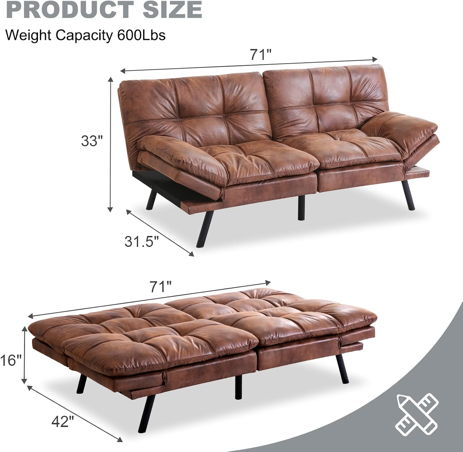 Futon Sofa Bed Convertible Couch,Memory Foam Futon Sofa Couch,Sleeper Futons Sofa Couches,Small Splitback Modern Loveseat Sofa Bed for Living Room,Office,Apartment,Faux Leather,Brown.