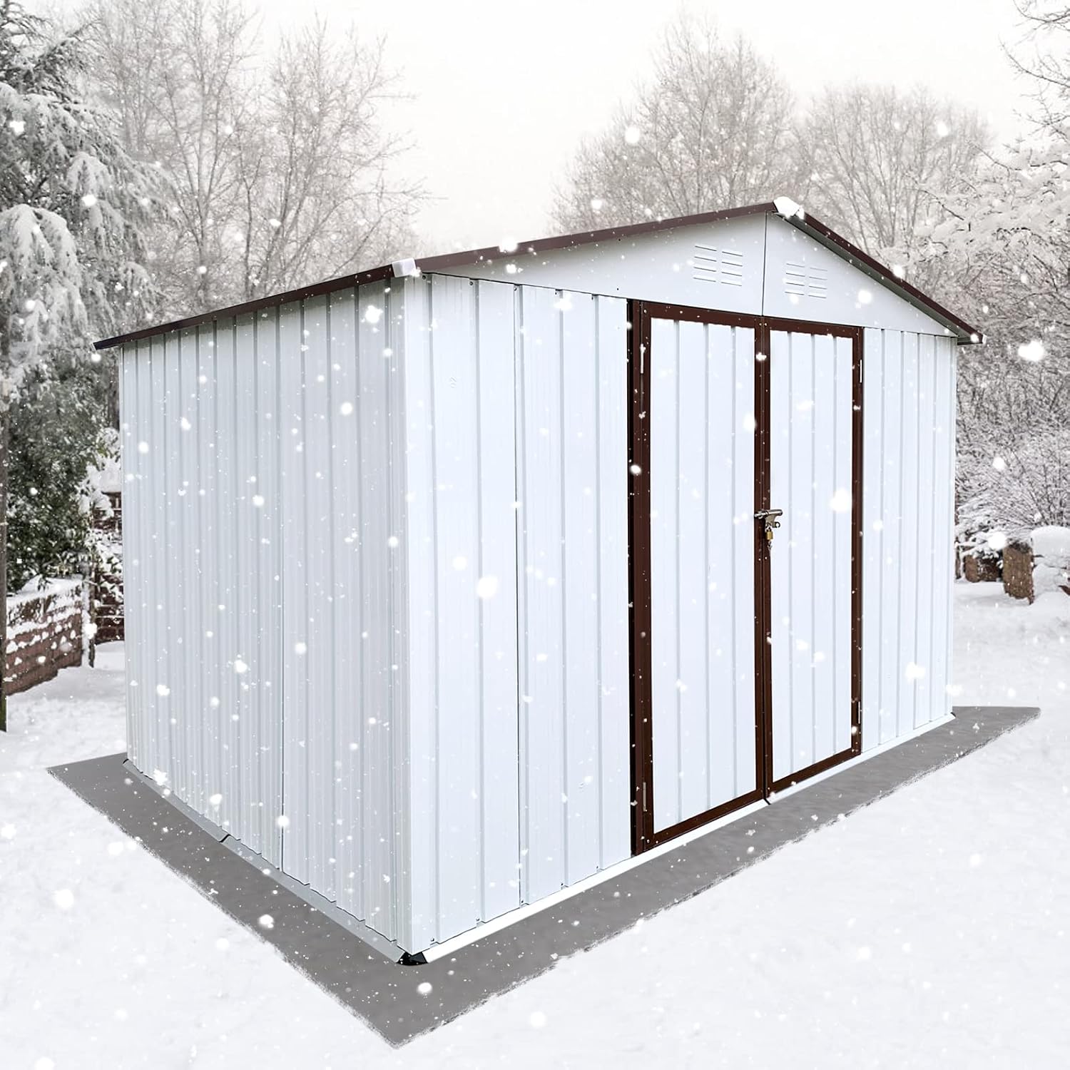 10 x8 FT Metal Outdoor Storage Shed & Double Hinged Large Door - Heavy-Duty Shed with Floor, Lockable & Ventilation - Rainproof Windproof Large Utility Garden Shed for Backyard Patio Lawn - Brown