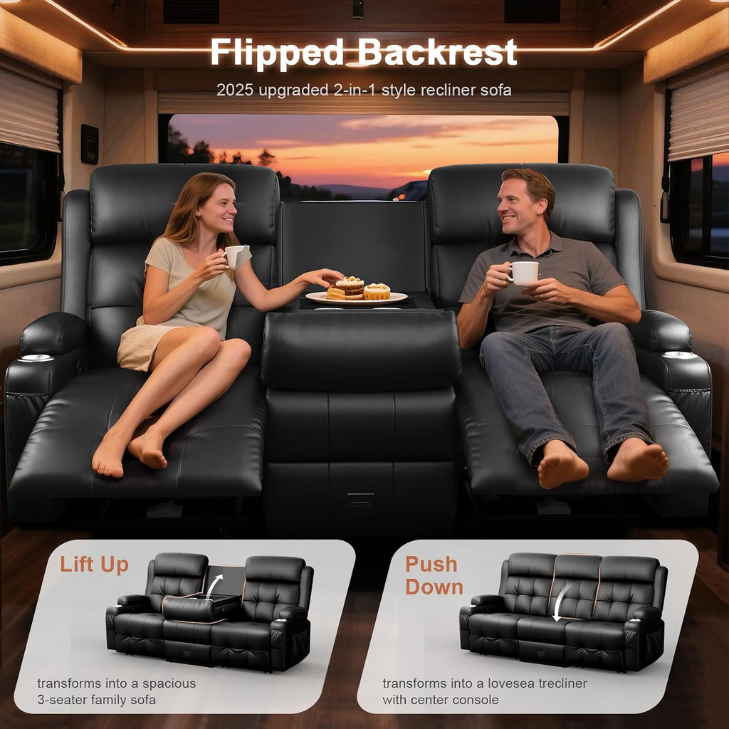 RV Loveseat Recliner Sofa, Oversized Massage Wall Hugger 3-Seater Recliners Couch with Flip Middle Backrest, Drawers & Cup Holder, Reclining Sleeper, 150° Adjustable Recline for RV & Living Room