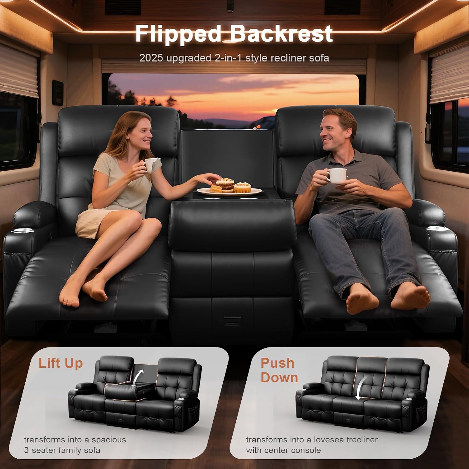 RV Loveseat Recliner Sofa, Oversized Massage Wall Hugger 3-Seater Recliners Couch with Flip Middle Backrest, Drawers & Cup Holder, Reclining Sleeper, 150° Adjustable Recline for RV & Living Room