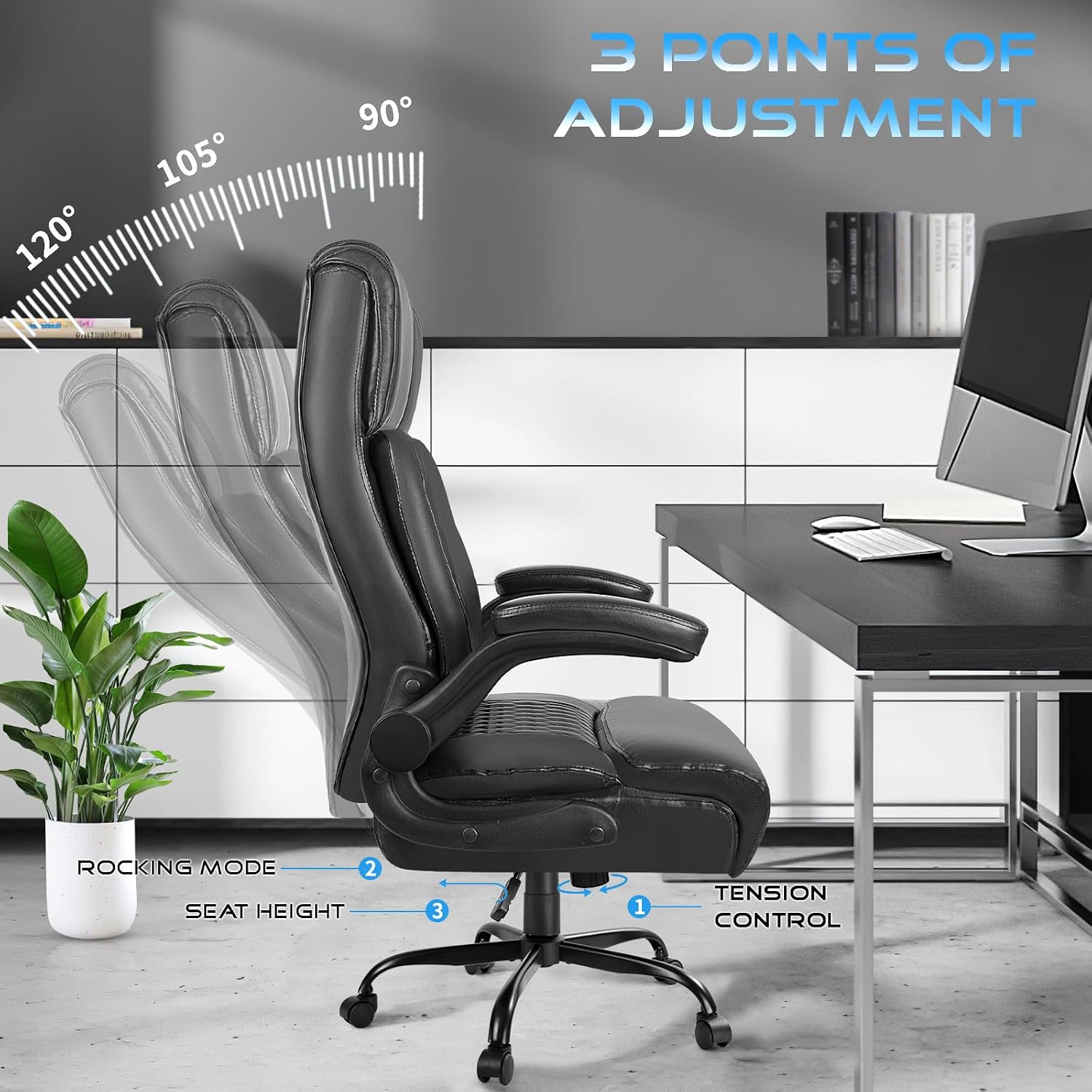 VITESSE Big and Tall Office Chair,Executive Office Chair with Flip up Armrest,Ergonomic High Back Computer Gaming Chairs Home Office 400lbs, Heavy Duty Chair with Lumbar Support（Black）