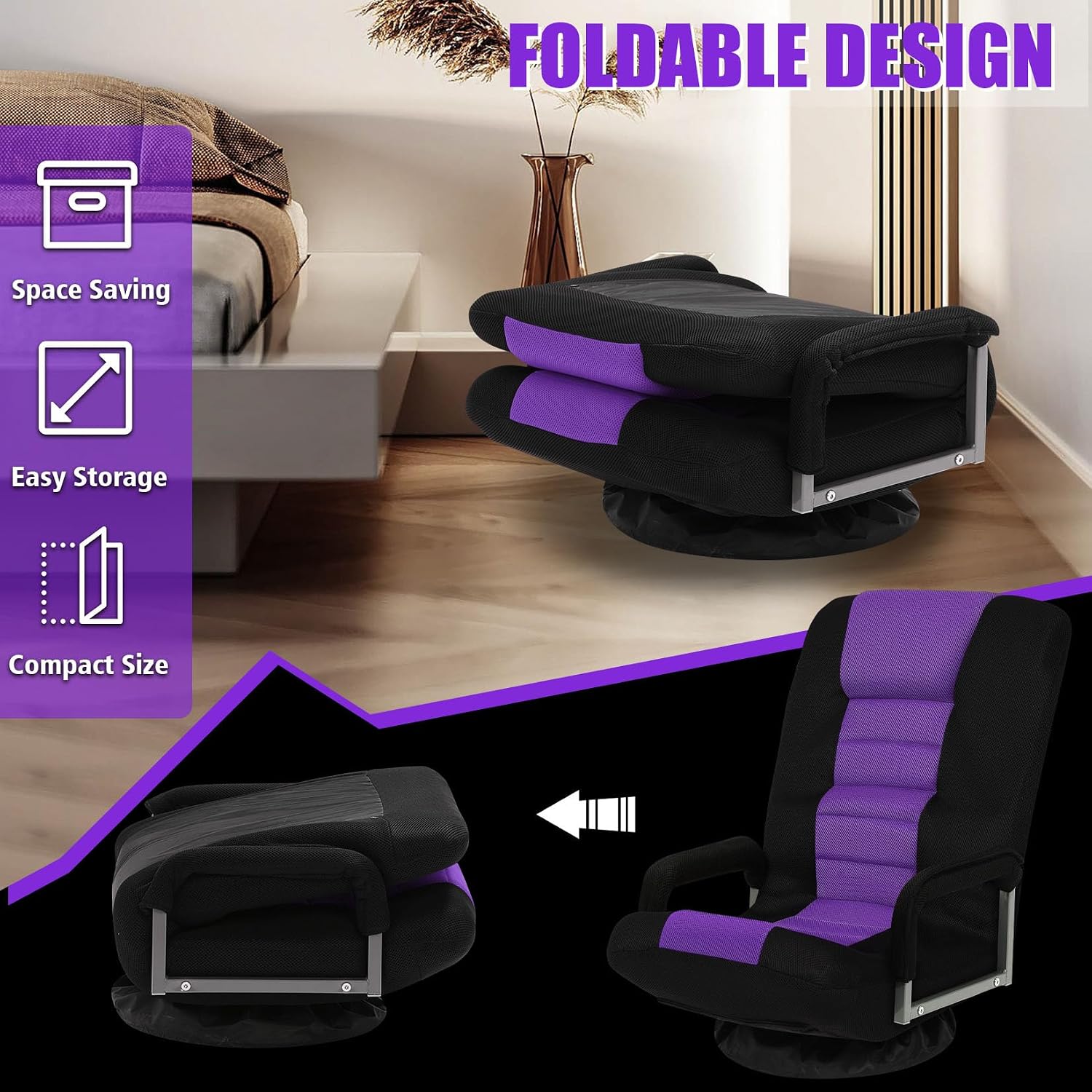 Swivel Gaming Chair Multipurpose 2PACK Floor Gaming Chair for Playing Video Games, TV, Reading w/Armrest Lumbar Support & 6 Adjustable Postion Backrest for Adults,Purple