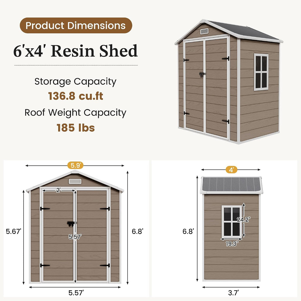 UDPATIO Outdoor Storage Shed 6x4 FT, Garden Resin Shed for Bike, Garbage Can, Tools, Outside Plastic Sheds with Floor for Backyard, Patio, Lawn, Brown