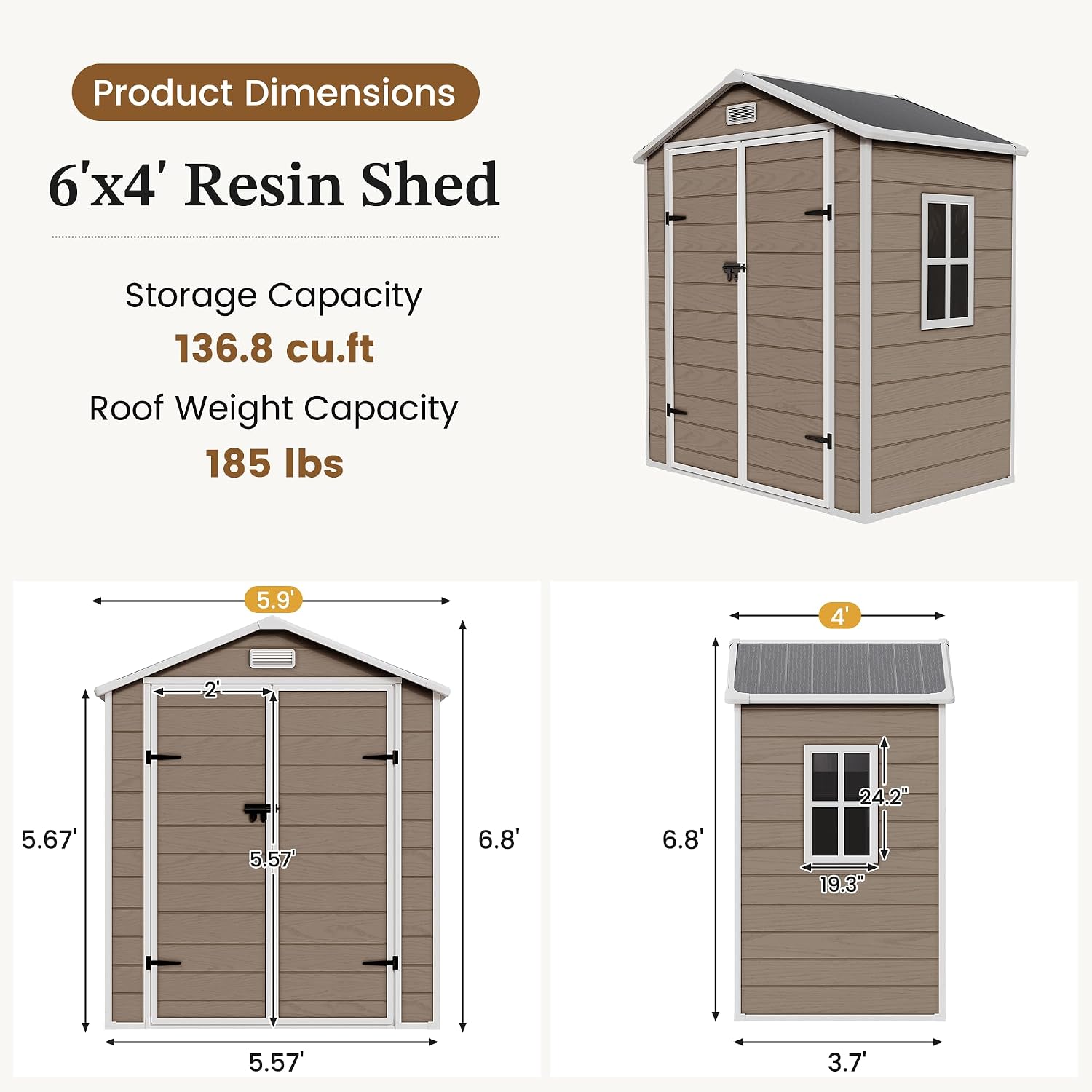 UDPATIO Outdoor Storage Shed 6x4 FT, Garden Resin Shed for Bike, Garbage Can, Tools, Outside Plastic Sheds with Floor for Backyard, Patio, Lawn, Brown