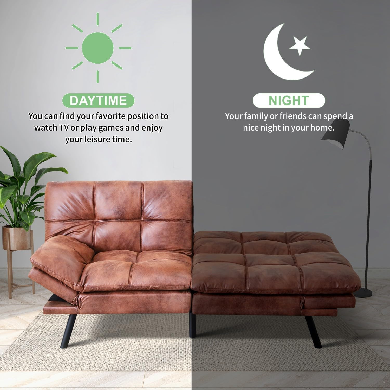 MUUEGM 71' Convertible Futon Sofa Bed, Upholstered Small Futon Couches with Adjustable Backrest, Loveseat Sleeper Bed for Compact Living Room Studio Office (Saddle Brown)