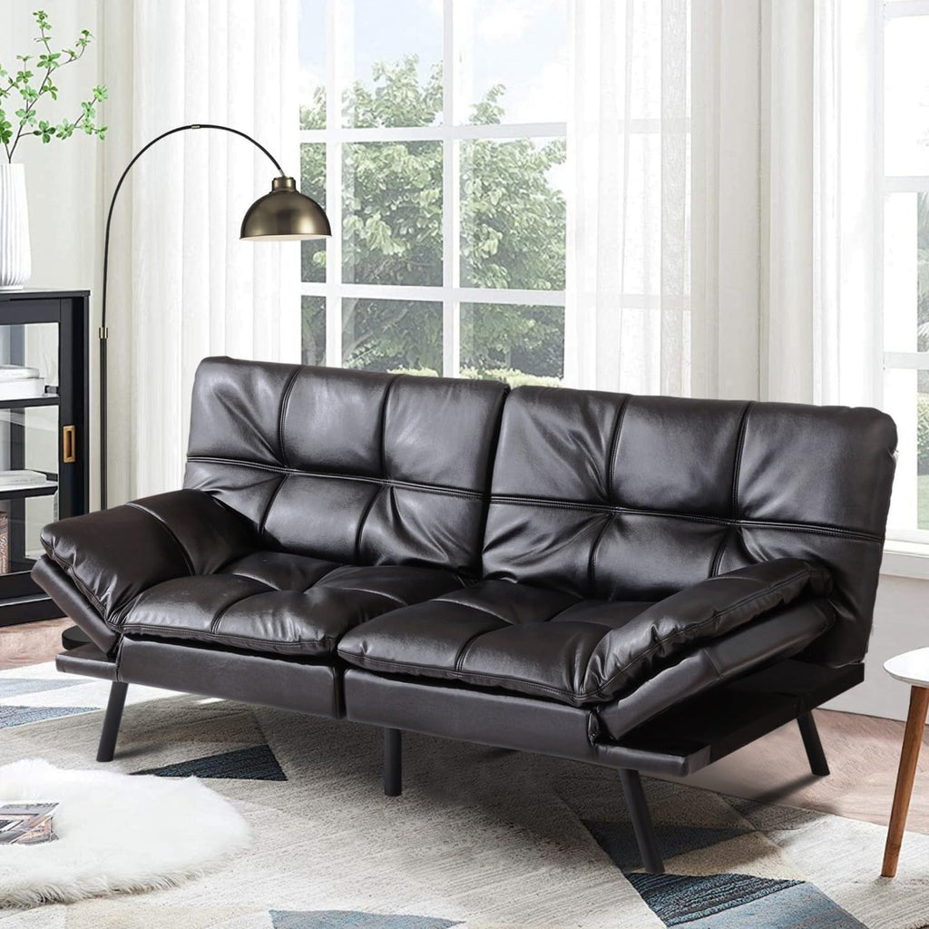 MUUEGM Futon Sofa Bed, Memory Foam Convertible Couch, Modern Loveseat, Adjustable Backrests & Armrests, Black
