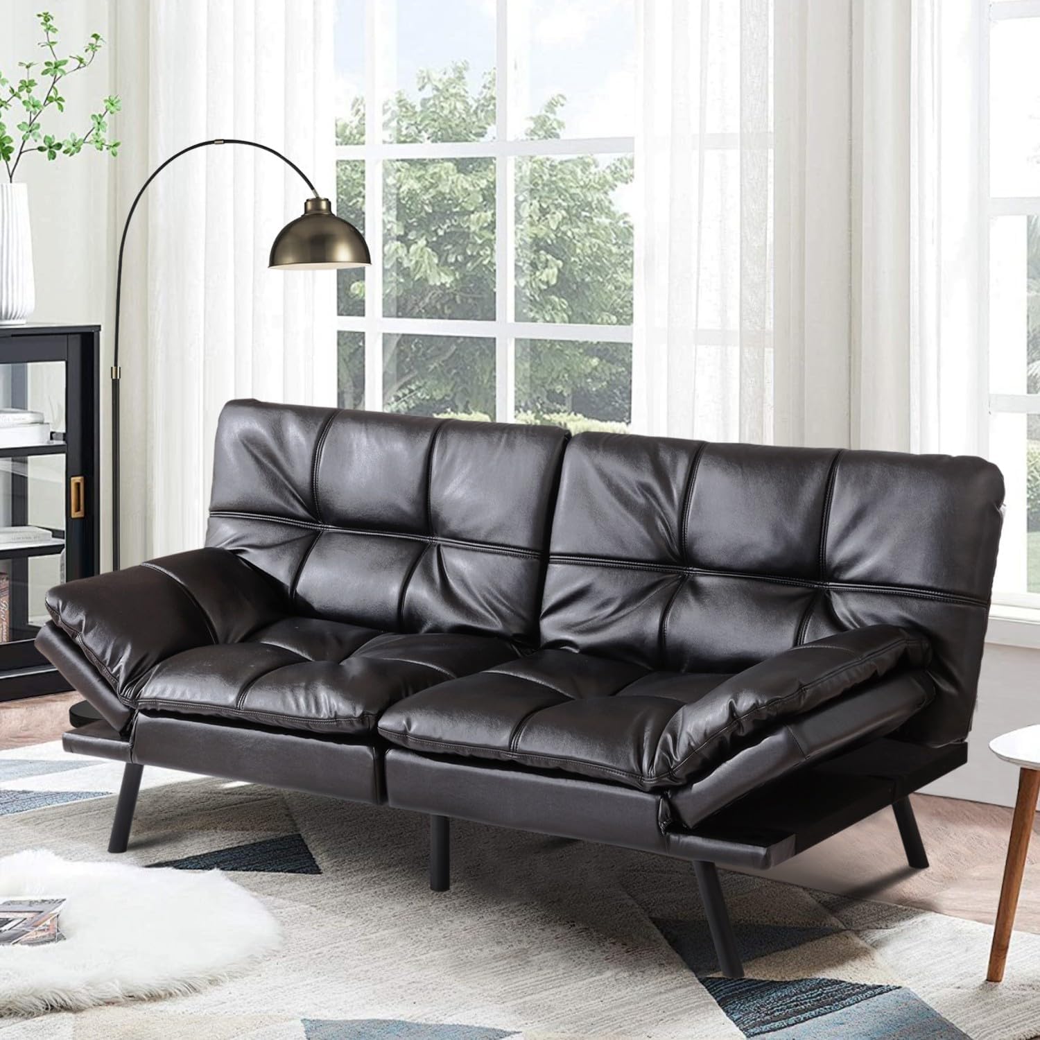 MUUEGM Futon Sofa Bed, Memory Foam Convertible Couch, Modern Loveseat, Adjustable Backrests & Armrests, Black