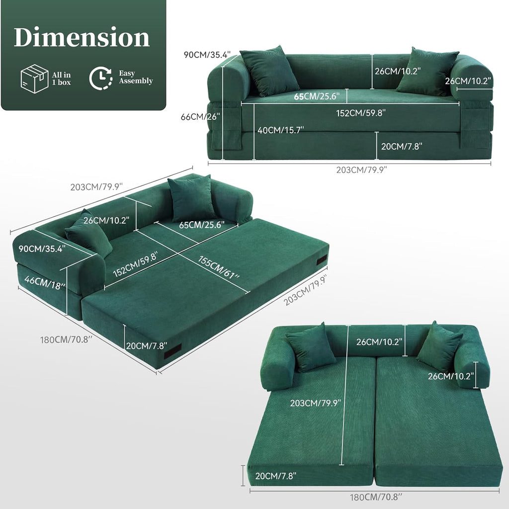 KBQ 3-Seat Convertible Sleeper Sofa Bed with 2 Pillows, Corduroy Folding Mattress Couch, Floor Sofa Lounge Couch for Living Room Bedroom Lounge Studio, Deep Green