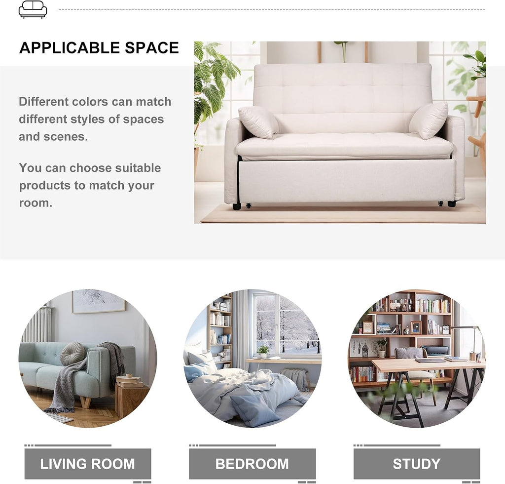 Oversized 3-in-1 Convertible Sleeper Sofa Bed, Futon Couch with Pullout Bed, 2-Seater Loveseat Sofa w/Pockets, Adjustable Backrest and Pillows for Living Room Apartment (White-Button Tufted)