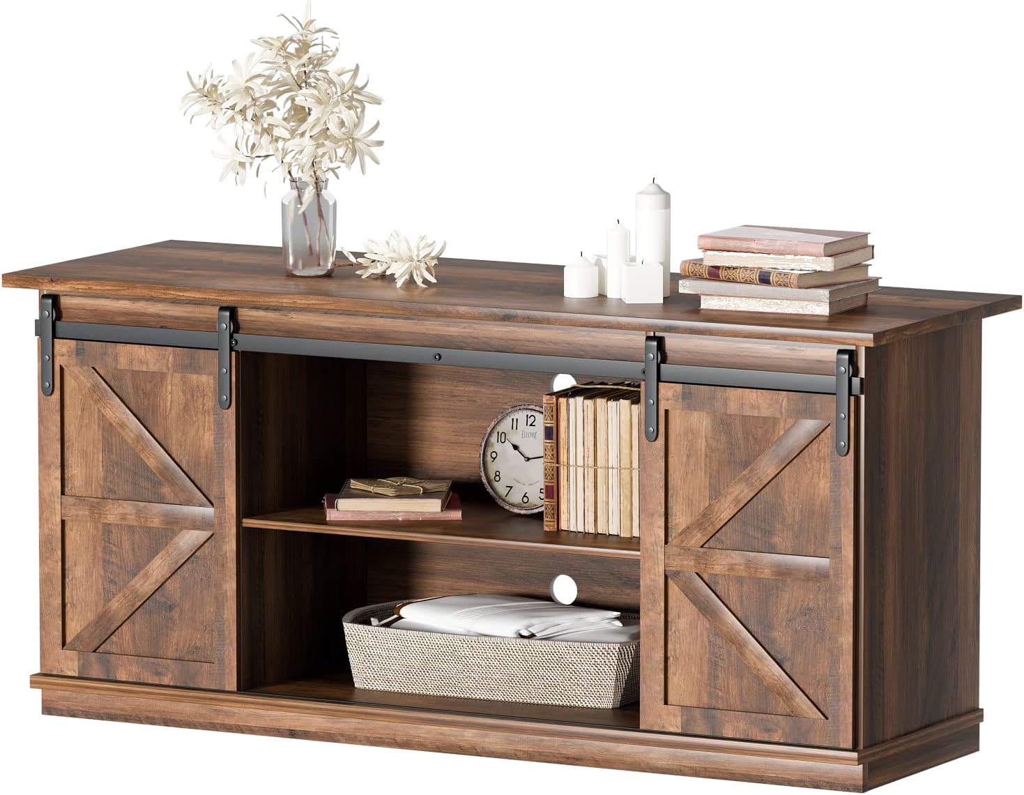 YESHOMY TV Stand for Televisions up to 65 Inches, with Sliding Barn Doors and Storage Cabinets, Console Table and Media Furniture for Living Room, 58 Inch, Barnwood