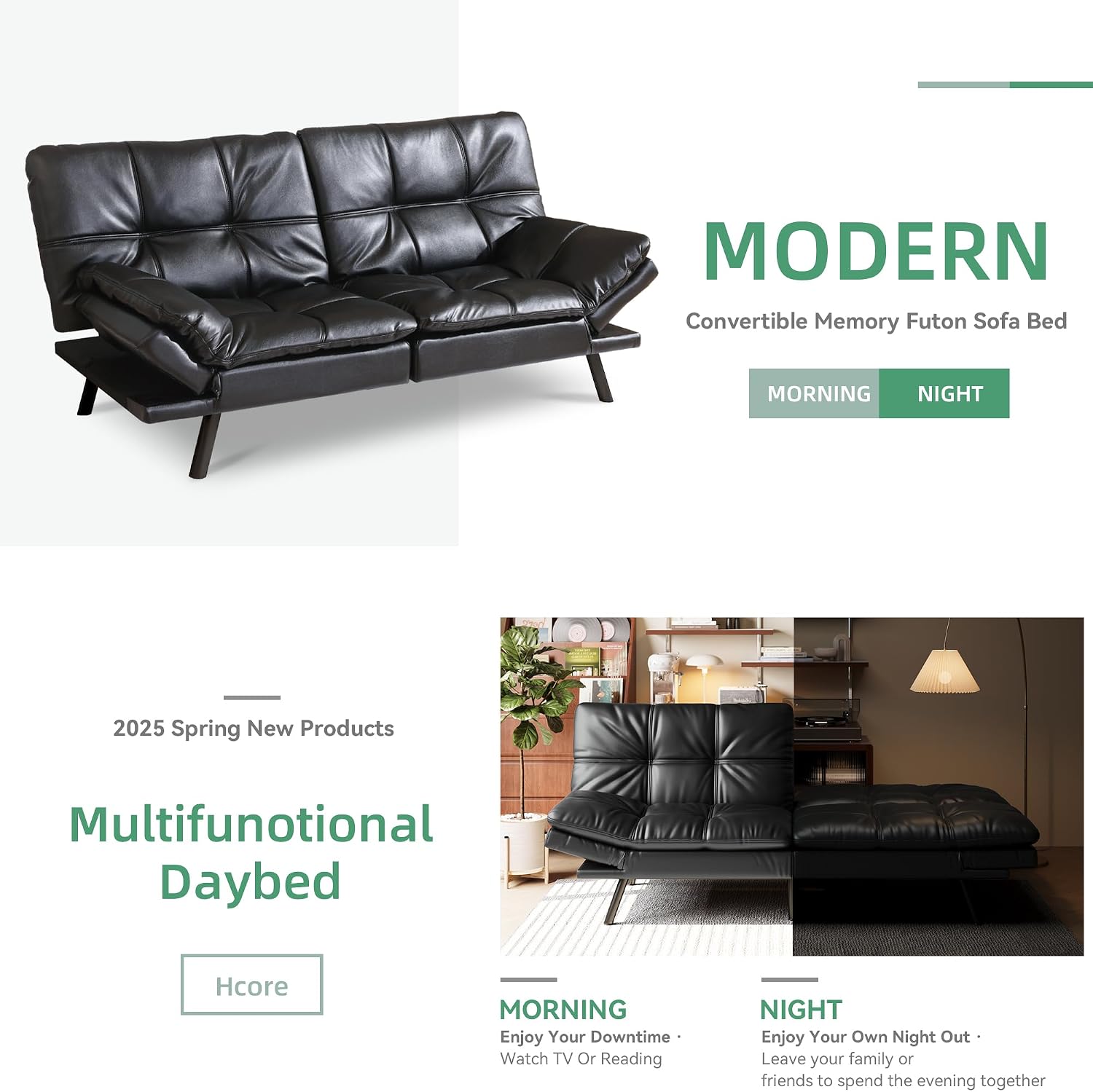 Opoiar 71' L Covertible Futon Sofa Bed,Faux Leather Futon Couch, Memory Foam Modern Loveseat Sleeper, Small Splitback Sofa Couches for Living Room,RV,Home Office,Apartment,Black