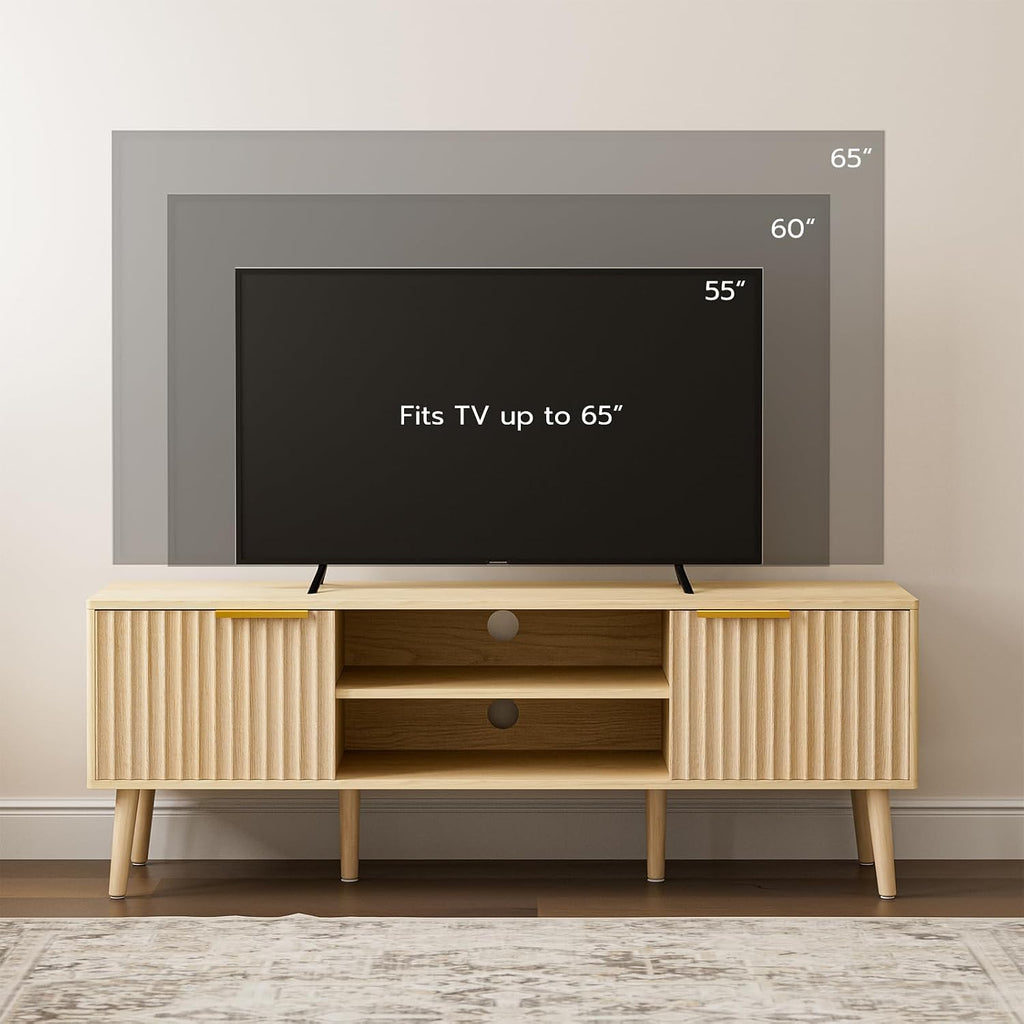 LCRBOL TV Stand for Living Room, Boho Entertainment Center for 55/60 inch TVs, Media Console with Fluted Door Cabinets and Open Shelves, for Bedroom, Oak