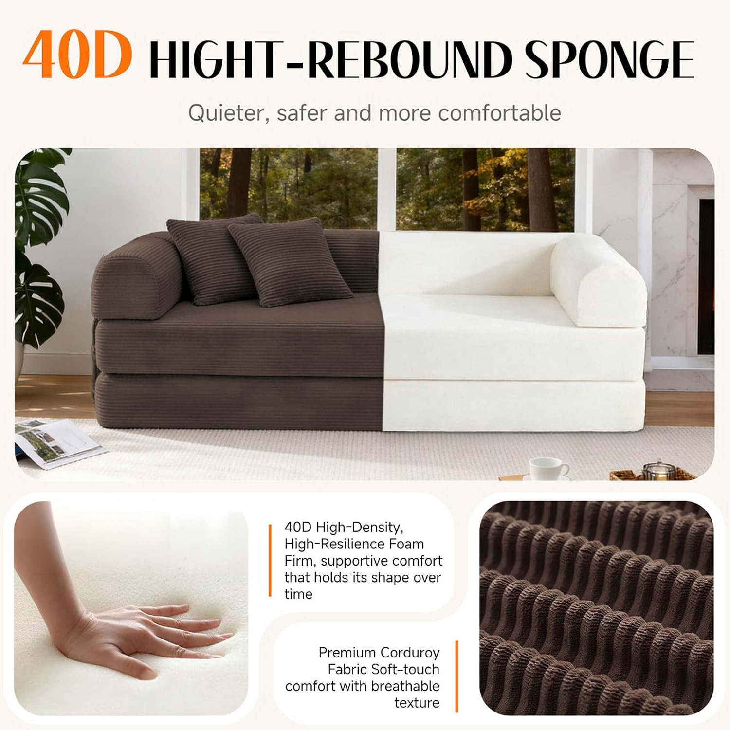 79'' Convertible Sofa Bed, Boneless Couch-in-a-Box, Corduroy Floor Futon Loveseat Sleeper, 26'' Deep Seat, Removable Machine-Wash Covers, No Assembly, 2 Pillows, Brown