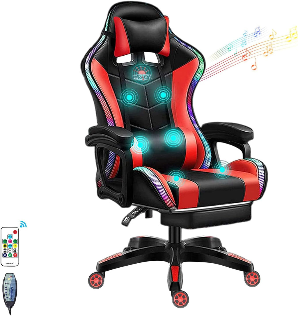 Full Massage Gaming Chair for Adults Video Game Chair with Speaker and RGB Light PU Leather Office Chair with Footrest Headrest Armrest Recliner Computer Chair Swivel E-Sports Chair,Red