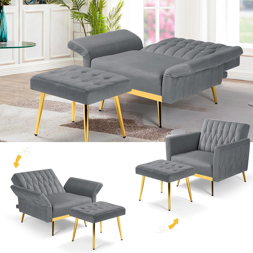 2 Pieces Velvet Sofa Set with Adjustable Armrest and Backrest, 70' Convertible Futon Sofa Bed & Mordern Accent Chair with Ottoman for Living Room, Bedroom, Grey