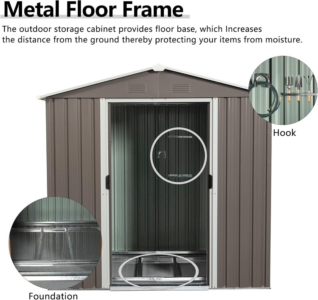 6x5FT Metal Shed, Metal Outdoor Storage Shed, Metal Garden Shed Without Floor, Outdoor Metal Shed Without Window, Grey